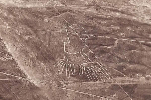 Nazca çölündeki el şekillerinin Geoglyph 'i. Nazca hatları, Peru, Güney Amerika. Yukarıdan görüntüle