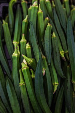Sebze pazarında yeşil kadının parmağı (Abelmoschus esculentus). Bitki arkaplanı