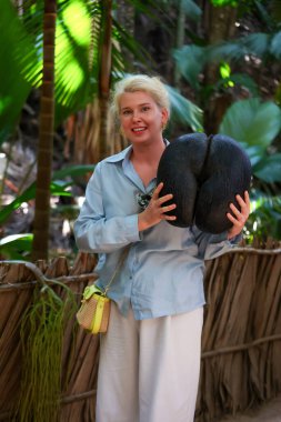 Hindistan cevizi meyvesi tutan bir turist, dişi. Coco de mer. Deniz fıstığı. Praslin. Seyşeller