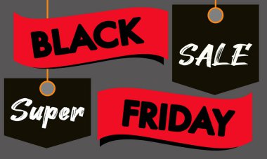 Black Friday 50 indirimli Perakende, Alışveriş ya da Tanıtım Posteri. Kırmızı kurdeleli ve gri arka planda satış etiketli. Kara Cuma afiş tasarımı. Vektör illüstrasyonu