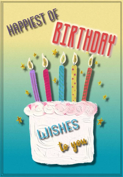 Retro Postcard Happy Birthday Oil Painted Cake Cartoon Style Text — Stock Photo, Image