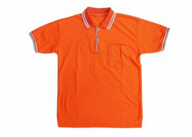 Turuncu Polo tişört, giysi modelleme şablonu, polo tişörtün önü, beyaz arka planda izole edilmiş, sade turuncu polo tişört modeli. Yazdırma şablonu ve modelleme için polo gömlek tasarımı sunumu.