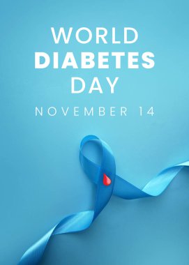 Dünya Diyabet Günü ve mavi arkaplanda kırmızı kan damlaları olan mavi kurdele ve mavi arka planda izole edilmiş fotokopi alanı. Dünya Diyabet Günü 14 Kasım 'da.