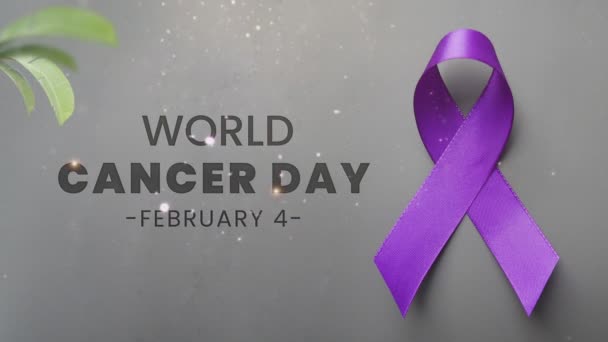 紫色のリボンを握っている手 世界がんデー ラベンダーの紫のリボンががん患者を支援する日 4Kアニメーション — ストック動画