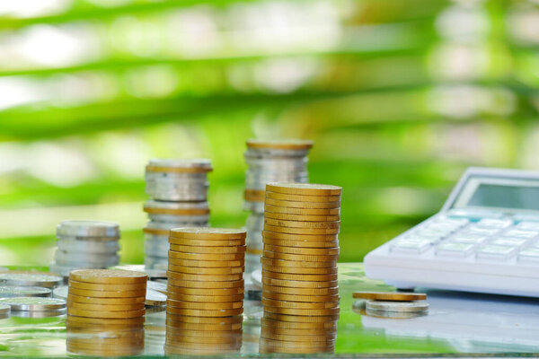 Пачка золотых и серебряных монет, символизирующих финансовый рост и процветание, расположенных на отражающей поверхности, с калькулятором рядом. Фон размытый и мягкие зеленые листья