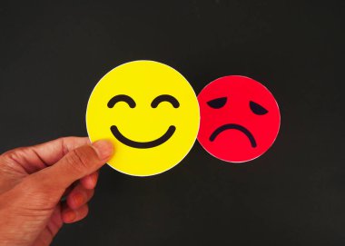 Gülen yüzün arkasına saklanan üzgün surat kartı. Ruh hali değişimleri, bipolar, depresyon, depresyon, akıl sağlığı, çoklu kişilik ve endişe kavramı