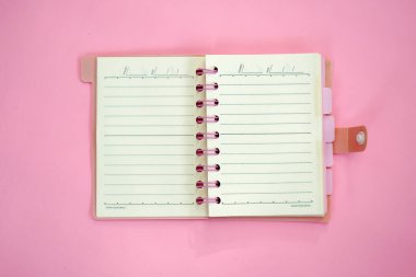 Pembe arkaplanda spiral olan defter, maket ve boş kitap.