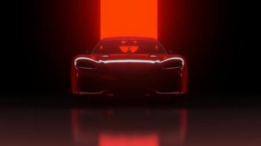 3D Renkli Süper Araba Sinematik Kamera Açı Görünümü koyu arkaplan, Beyaz spor araba farları karanlıkta yanıp sönüyor.