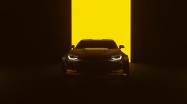 3 Boyutlu Süper Araba Görünümü, sarı arka plan, sarı spor araba farları, karanlıkta yanıp sönen siyah ve sarı arka plan, klasik süper araba ön görüş