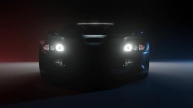 3D Rendered Super araba sinematik kamera açı görünümü koyu arkaplan, beyaz spor araba farları karanlıkta yanıp sönüyor, siyah arka plan, süper araba film görüntüsü
