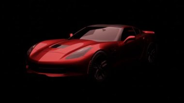3D Rendered Super araba sinematik ön manzara koyu arkaplan, kırmızı spor araba farları karanlıkta yanıp sönüyor, süper araba ön görünümü