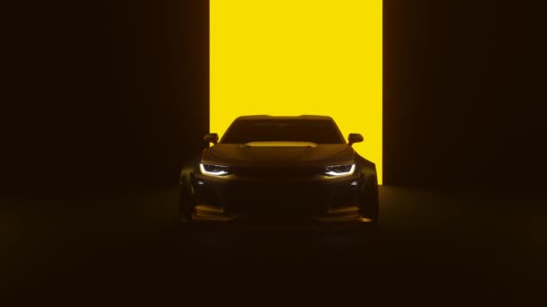 3Dレンダードスーパーカーシネマティックビュー 黄色の背景 黄色のスポーツカーヘッドライトが黒と黄色の背景 ヴィンテージのスーパーカーフロントビューで点滅 — ストック動画