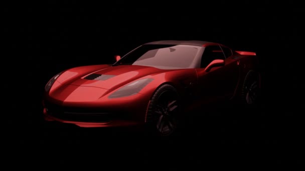 3Dレンダードスーパーカーシネマティックフロントビュー 黒い背景 スーパーカーフロントビューで暗闇で点滅赤いスポーツカーヘッドライト — ストック動画