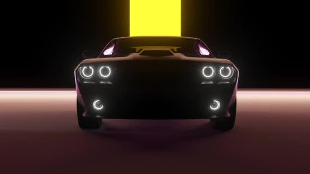 3Dレンダードスーパーカーシネマティックビュー ブラックスポーツカーヘッドライト 黒と黄色の背景で暗く点滅 ヴィンテージスーパーカーフロントビュー — ストック動画
