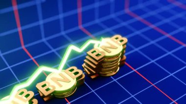Yükselen Binance Bozuk Para Animasyon 3D Altın Para Düşüşleri Dinamik Grafik Büyümesi