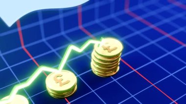 Yükselen İngiliz Pound Animasyon 3D Altın Para Düşüşü Dinamik Grafik Büyümesi