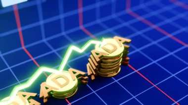 Yükselen Cardano Para Animasyonu 3D Altın Para Düşüşü Dinamik Grafik Büyümesi