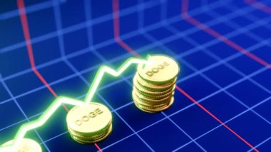 Yükselen Dogecoin Para Animasyon 3D Altın Para Düşüşleri Dinamik Grafik Büyümesi