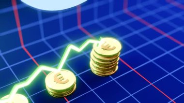 Yükselen Avro Para Animasyonu 3D Altın Para Düşüşü Dinamik Grafik Büyümesi