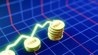Yükselen Fiyatlar Dinamik Grafik Büyümesi ile 3 Boyutlu Altın Para Düşürme Animasyonunu Temsil Ediyor