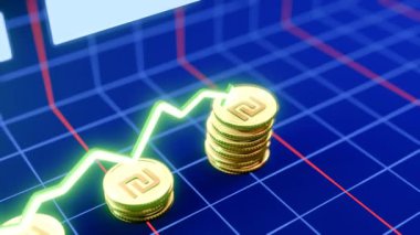 Yükselen İsrail Shekel Para Animasyon 3D Altın Para Düşüşü Dinamik Grafik Büyümesi