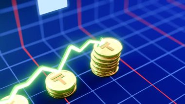 Yükselen Kazakistan Tenge Para Animasyonu 3D Altın Para Düşüşü Dinamik Grafik Büyümesi