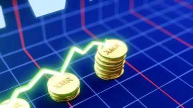 Yükselen Monero Para Animasyonu 3D Altın Para Düşüşü Dinamik Grafik Büyümesi