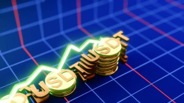 Yükselen Bağlantı Para Animasyon 3D Altın Para Düşüşleri Dinamik Grafik Büyümesi