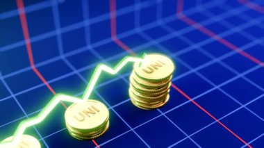 Yükselen Uniswap Para Animasyonu 3D Altın Para Düşüşü Dinamik Grafik Büyümesi