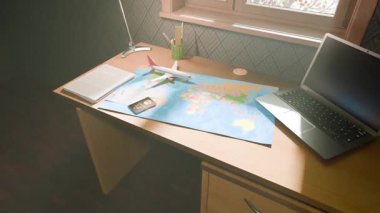 Çin pasaportu ve Beyaz Masa - Uluslararası Seyahat Konsepti ile kalkacak olan Minyatür Uçağın Sinema 3D animasyonu