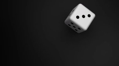 Siyah bir yüzey üzerinde yuvarlanan tek bir zarın üç siyah noktayla durduğu üç boyutlu bir video. Kumarhane ve kumar teması için ideal..