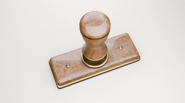 PRINCIPAL tarafından onaylandı- 3D vintage ahşap bir pulun animasyonu beyaz kağıda 'Müdür tarafından onaylandı' tuşuna basılarak gerçekçi bir efekt için açık mavi iz bırakıldı.