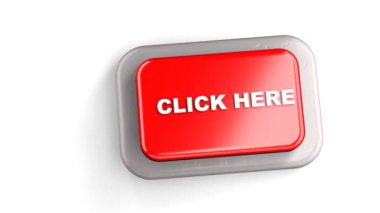 3 Boyutlu Yapılandırılmış Kırmızı Düğme Etiketli Tıklanma Buraya Parmak Beyaz Arkaplan ile Bastırıldı