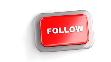 3 Boyutlu Yapılandırılmış Kırmızı Düğme Etiketli FOLLOW Parmak Beyaz Arkaplan Basılı
