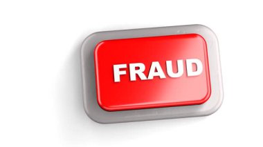 3 Boyutlu Yapılandırılmış Kırmızı Düğme Etiketli FRAUD Parmak Beyaz Arkaplan Tuşu