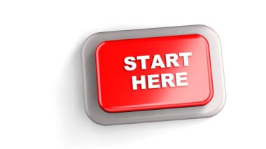 3 Boyutlu Yapılandırılmış Kırmızı Düğme Etiketli Başlat Buraya Parmak Beyaz Arkaplan