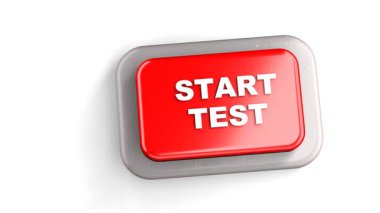 3 Boyutlu Yapılandırılmış Kırmızı Düğme Etiketli Başlat Testi Parmak Beyaz Arkaplan ile Bastırıldı