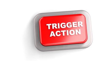 3 Boyutlu Yapılandırılmış Kırmızı Düğme Etiketli TRIGER Eylemleri Parmak Beyaz Arkaplan Basılı