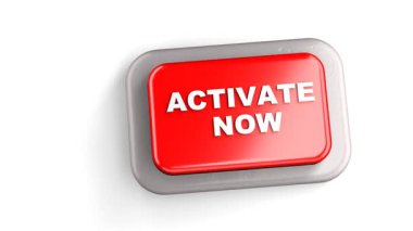 3 Boyutlu Yapılandırılmış Kırmızı Düğme Etiketli Aktif Şimdi Parmak Beyaz Arkaplan ile Basılıyor