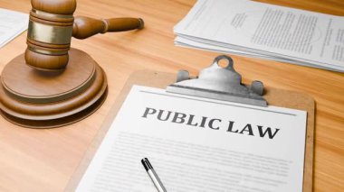 Tablodaki Pano Belgeleri 'nde Vurgulanmış Sözcük' PUBLIC LAW 'ile 3D Oluşturulmuş Tahta Avukat Masası. Yargıç Gavel 'in Tahta Kapı Vuruşu ve Mahkeme Mahkeme' nin Mahkeme salonunda 'PUBLIC Yasası' ile ilgili kararını veriyor.