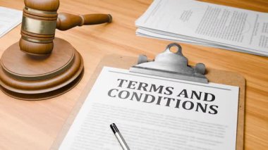 Tablodaki Pano Belgelerinde Vurgulanmış Sözcükler ve Sözcükler ile 3D Oluşturulmuş Tahta Avukat Masası. Yargıç Gavel 'in Tahta Kapı Çalma ve Mahkeme, Mahkeme Salonunda' Tüzükler ve KONUŞLAR 'hakkında Karar Veriyor.