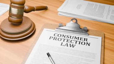 Tablodaki Tahta Dökümanlar 'da Vurgulanmış Sözcük' CONSUMER PROTECTION Yasası 'ile 3D Oluşturulmuş Tahta Avukat Masası. Yargıcın Tahta Kapı Çalma ve Mahkeme, Mahkeme Salonunda 'KONUŞTURMA YASAKLARI' hakkında Karar Veriyor.