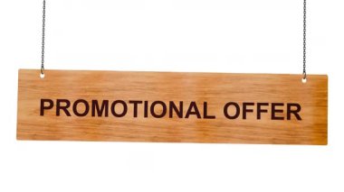 Promosyon teklif ediyor. Damgalı mühür. Dikdörtgen şeklinin içinde grunge tasarımı ve toz dokusu var. beyaz üzerine yatay vektör kırmızı mürekkep işareti