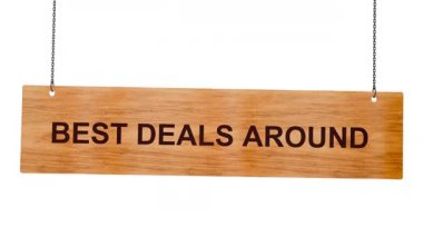 Satın alınabilecek en iyi anlaşma, 3 boyutlu, beyaz izole arka planda ahşap tabela.