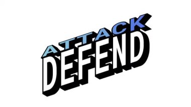 Isometric View 'da Cüretkar Tipografi Efektleriyle Karşıt Kelime Hareket Döngüsü ile Saldırı vs DEFEND, 3B Metin Canlandırması