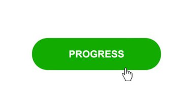 Beyaz Arkaplan Animasyonunda Yeşil PROGRESS Tuşu Tıklama ve Yükleme Çubuğuna Döner Sonra İşaret Tamamlama Çemberi