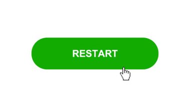 Beyaz Arkaplan Animasyonunda Yeşil RESTART Tuşu Tıklama ve Yükleme Çubuğuna Döner Sonra İşaret Tamamlama Çemberi