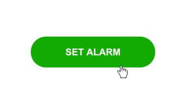 Beyaz Arkaplanda Yeşil SET ALARM Düğme Canlandırması Tıkla ve Yükleme Çubuğuna Dönüştür Sonra Tik İşaretli Tamamlama Çemberi