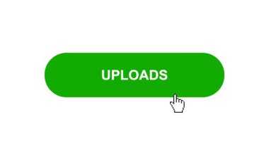 Beyaz Arkaplanda Yeşil UPLOADS Tuş Canlandırması Tıkla ve Yükleme Çubuğuna Dönüştür Sonra Tik İşaretli Tamamlama Çemberi