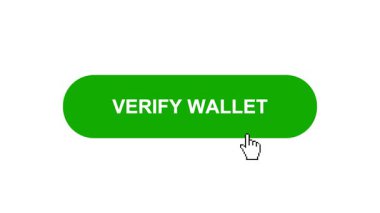 Beyaz Arkaplan Animasyonunda Yeşil VERIFY Wallet Düğmesi Tıkla ve Yükleme Çubuğuna Döndür Sonra Tik İşareti Tamamlama Çemberi